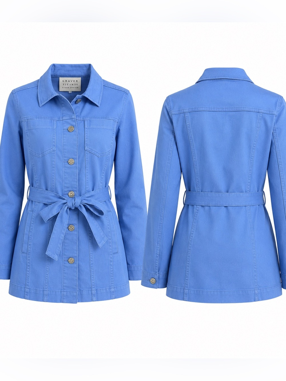 Susan Graver Belted Jacket Sun-Kissed Blue Stretch Cotton Size XS Graver Jeans
